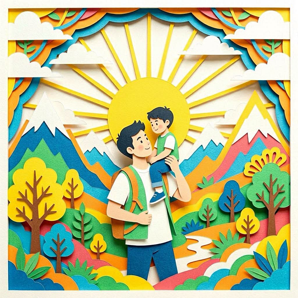 Intricate layered colorful paper-cut artwork of a father carrying a child on his shoulders, dozens of detailed paper layers forming mountains, clouds, trees, and sunlight, soft shadows between layers, elegant handcrafted design, premium paper sculpture
